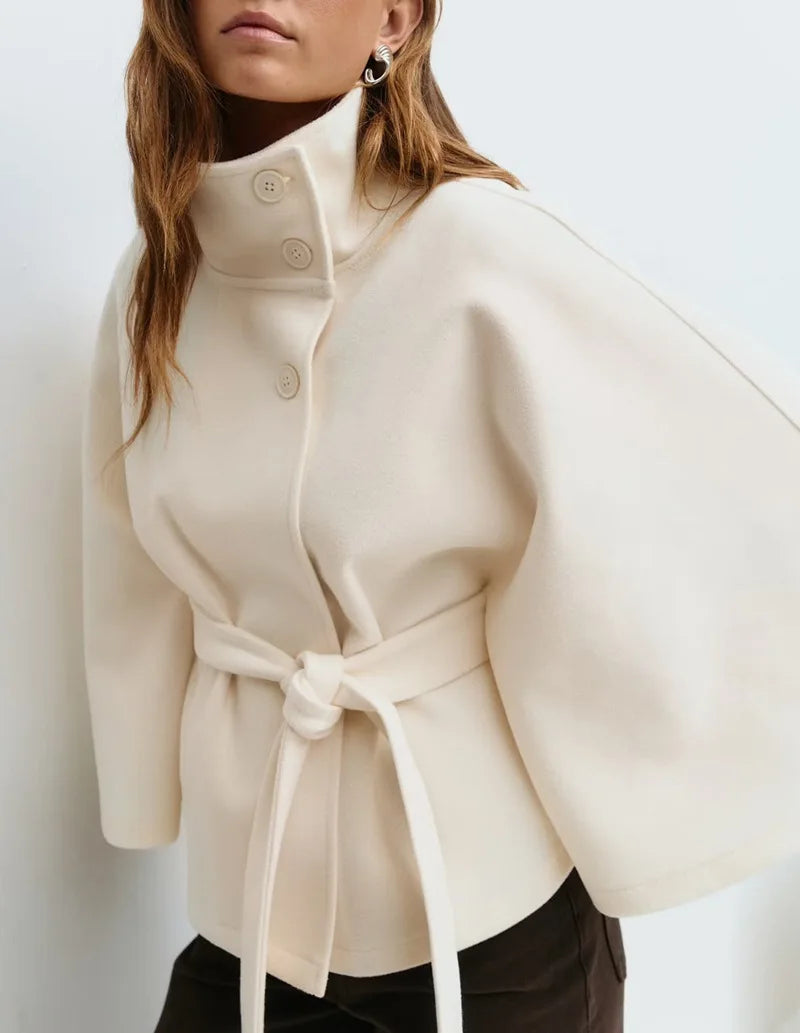 Fashion Solid Women's Lace Up Cape Coats Loose Stand Collar Batwing Sleeve Button Leisure Jackets 2025 Autumn Streetwear