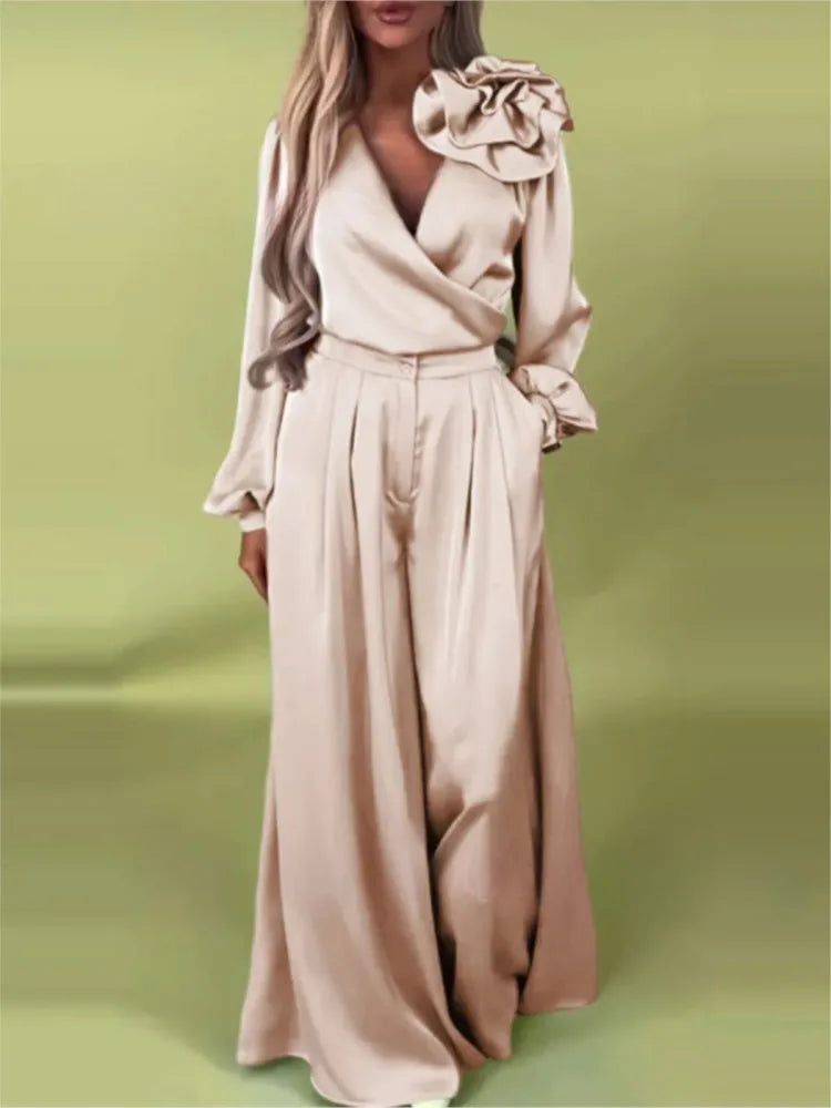 Fashionable Solid Color Casual Suit Women's Gorgeous And Elegant V-neck Long-sleeved Top Wide-leg Trousers Two-piece Set