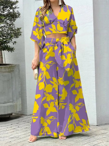 Women's Summer New Fashion Print Temperament Commuting High Waisted Sexy V-neck Exposed Waist Lace Up Casual Wide Leg Pants Set