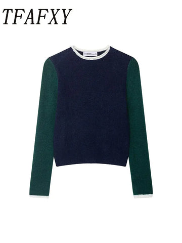 TFAFXY Women's 2025 Autunm Patchwork Knit Sweater Blend Fashion Ladies Loose Knitwear Pullover Top ﻿