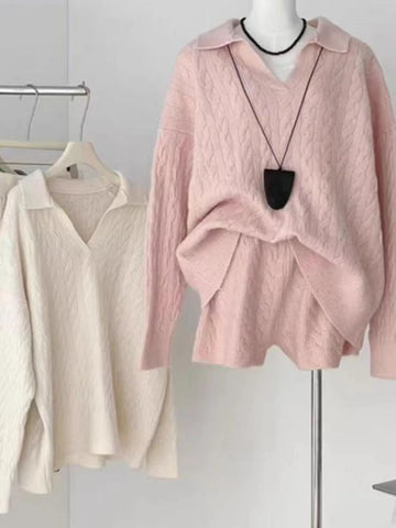 Winter Fashion Knitted Polo Pullover Sweater and Short Pant Women Suit Autumn Casual Elegant Two-piece Set Knitwear
