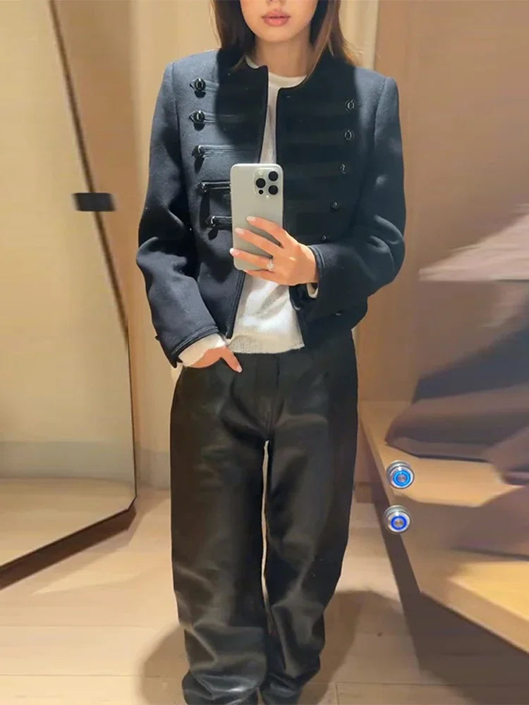 Fashion Black Cropped Jacket For Women Elegant O-neck Long Sleeve Double Breasted Coats 2026 Spring Chic Lady Outerwear Street