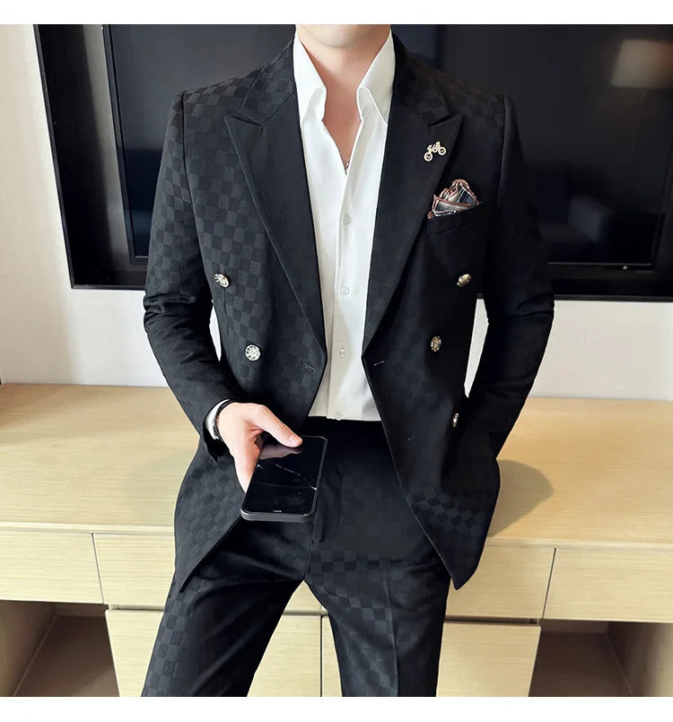 (Jacket+Pants) 2 Pieces Blue Apricot Business Party Men Suits Double Breasted Formal Style Custom Made Wedding Groom Tuxedos