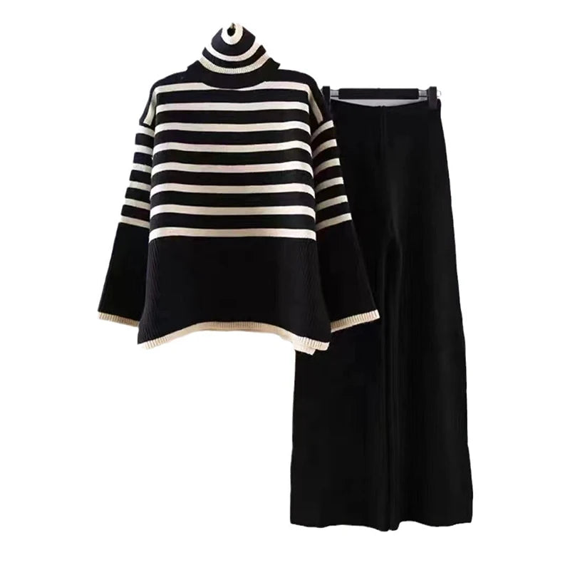 Casual Warm Knitted Women 2 Peice Sets Korea Stripe Turtleneck Sweater Tops Conjunto High Waist Ankle Lenght Wide Leg Pants Suit