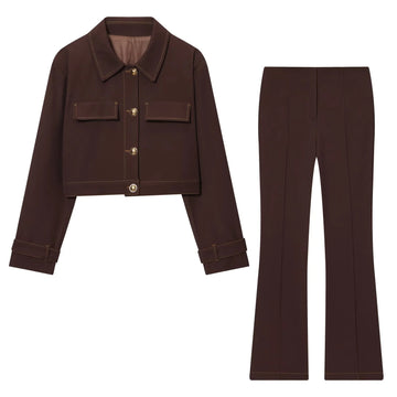 2025 Autumn New Women's Wear Casual Fashion Simple Color Contrasting Threaded Collar Long Sleeve Short Coat+Trumpet Pants