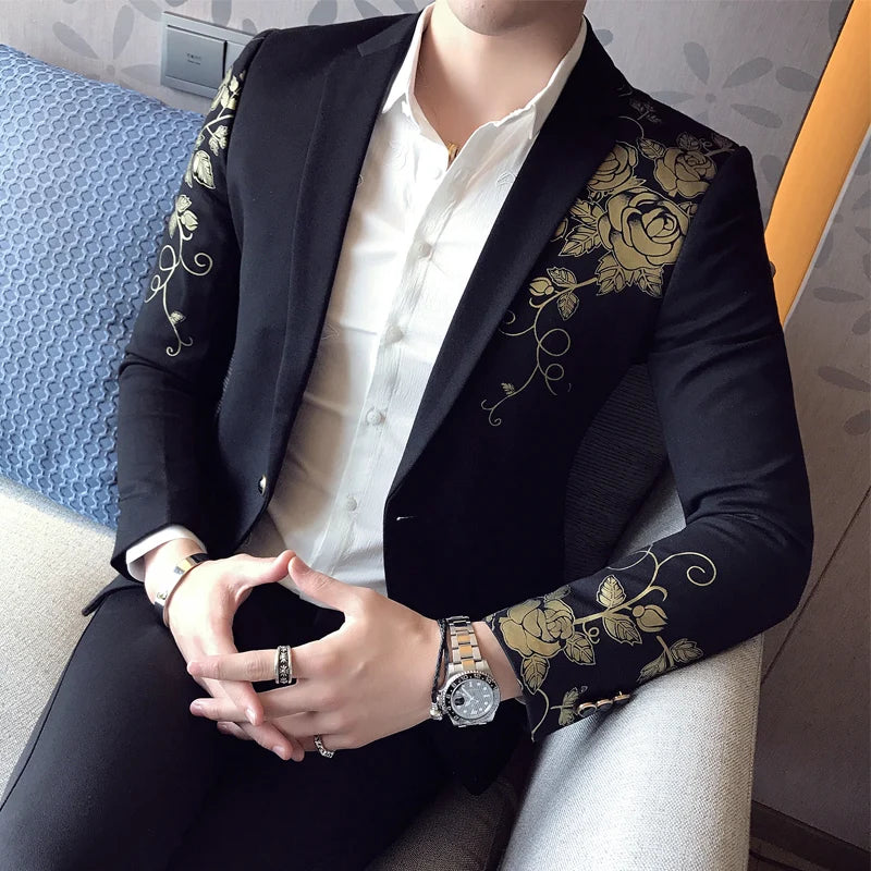 2024 New Luxury Gold Print Blazer Slim Fit Men Blazer Stage Cloth Social Party Wedding Dress Male Black Suit Jacket