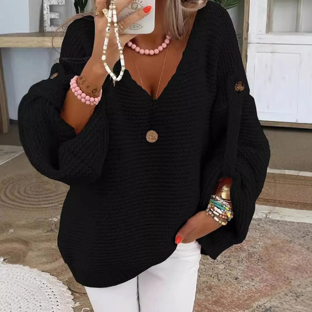 Casual Knitted V Neck Sweater Fall Winter Fashion Button Warm Commuter Jumper Elegant Solid Adjustable Long Sleeve Pullover