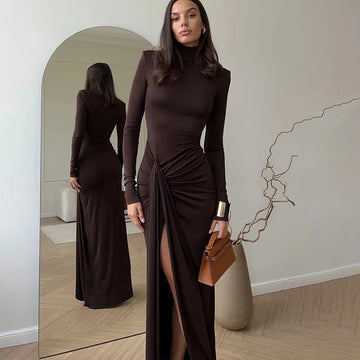 Elegant Turtleneck Curvy Brown Dress Women's Sexy Long Sleeve Shoulder Pad Party Evening Tight Elastic Dresses Winter New Black