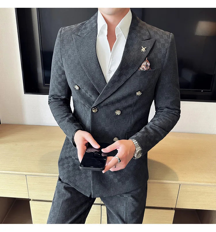 (Jacket+Pants) 2 Pieces Blue Apricot Business Party Men Suits Double Breasted Formal Style Custom Made Wedding Groom Tuxedos