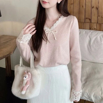 Knitted Sweater Women Pullovers New Long Sleeve V-Neck Lace Bow Knit Sweater Pullover Women Tops Sweaters Sueters De Mujer Q1510