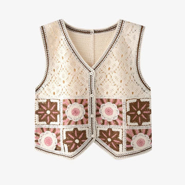 Granny Square Crochet Vest Woman Sheer Open-knit Button Front Sleeveless Waistcoat Top Summer Boho Vacation Beach Outfit