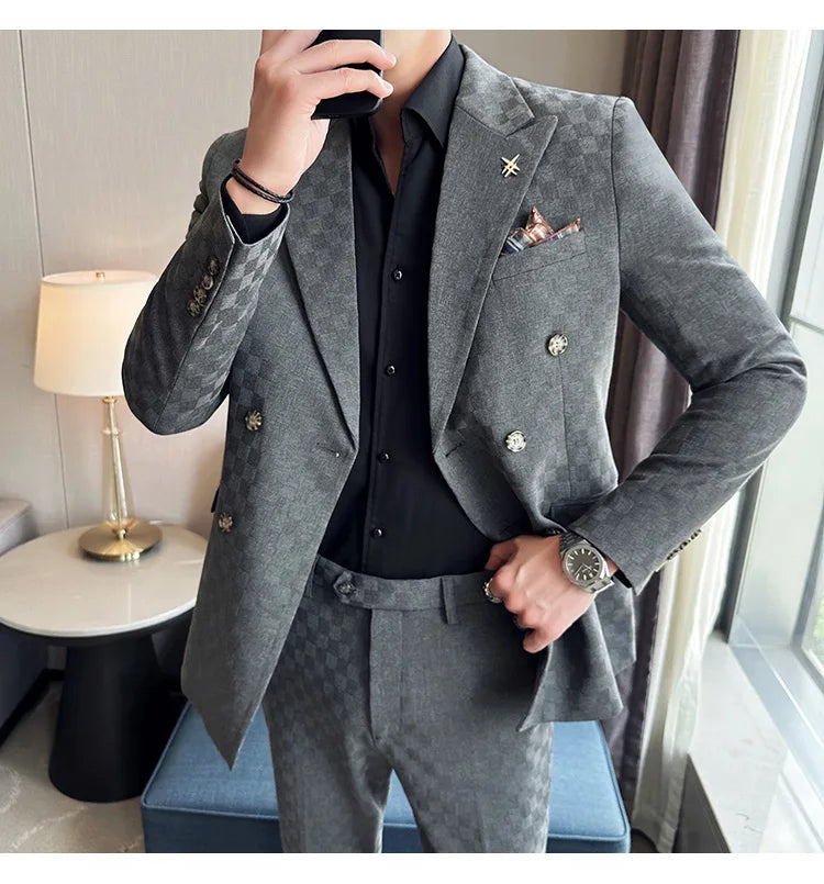 (Jacket+Pants) 2 Pieces Blue Apricot Business Party Men Suits Double Breasted Formal Style Custom Made Wedding Groom Tuxedos