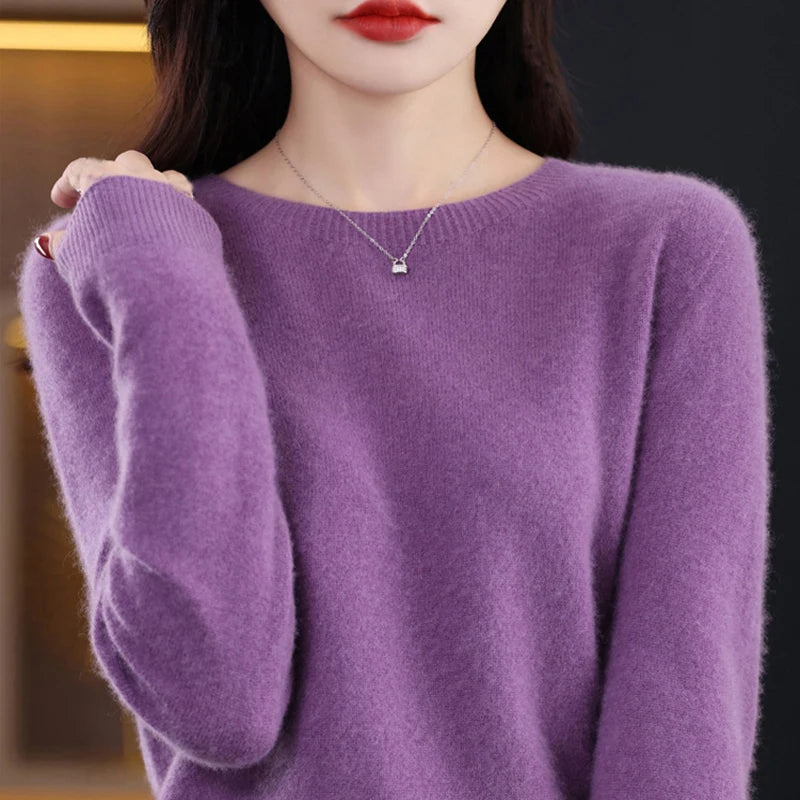 100% Merino Wool O-neck Long-sleeved Pullover Women's Basic Knitted Tops Women's Clothes New Solid Color Sweater Women