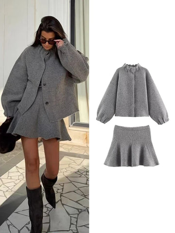 2025 Autumn New Women's Bomber Jacket Short Skirt Suit Simple Stand Neck Long-sleeved Jacket  High Waist Skirt Commuter Set