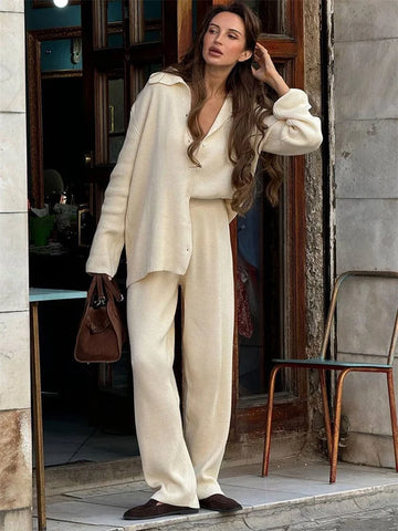 Tossy Autumn Casual Knit 2 Piece-Set Trousers Sets Women's Loose Ribbed Lapel Cardigan Sweater And Solid Women's Pants Outfits