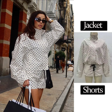 HH Female Fashion White Polka Dot Shorts Set Long Sleeves Turtleneck Crop Jacket+Casual Shorts Women's Spring Autumn Suit Trendy