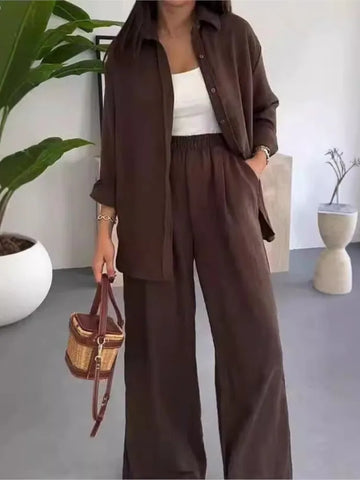 2025 Autumn Solid Color Commute Two Piece Set Women Long Sleeve Shirt & Wide Leg Pants Outfit Chic Sexy Lapel Button Casual Suit