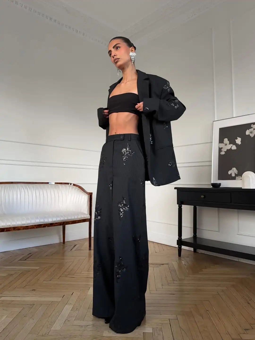 Black Sequin Embroidery Blazer Long Pants Set Women Full Sleeve Lapel Coat Wide-leg Trousers Sets 2026 Lady Spring Daily Outfits