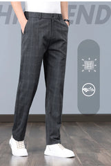 Summer Thin Plaid Formal Stretch Pants Men Slim Business Grey Black Casual Pant Fashion Male Clothing England Trousers