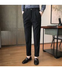 British Style Men High Waist Casual Dress Pant Men Belt Design Slim Trousers Formal Office Social Wedding Party Dress Suit Pants