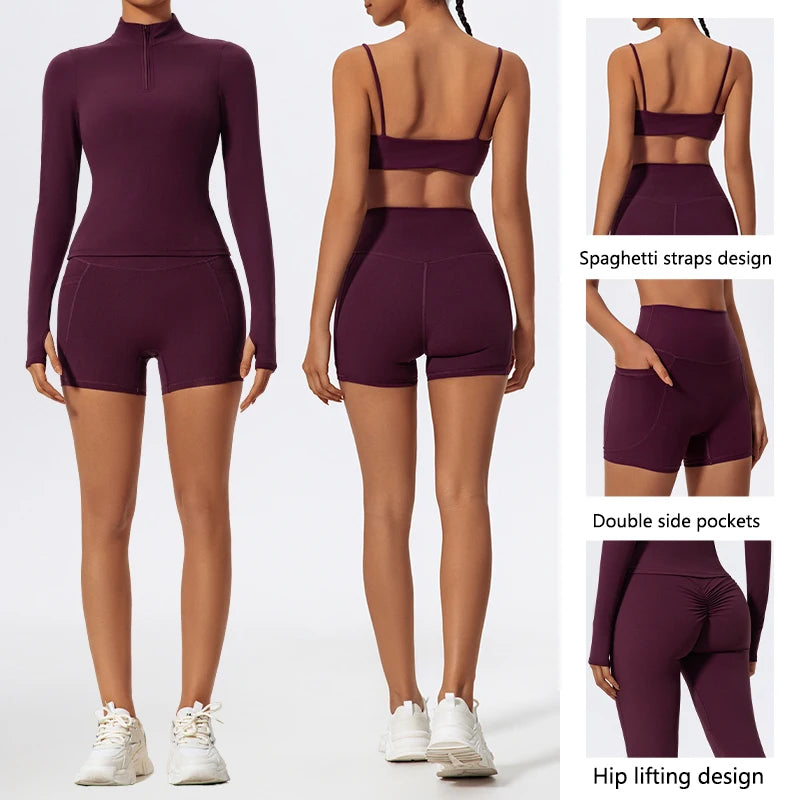 Hearuisavy Long Sleeve Workout Suit Sports Set Women Quick-Drying Gym Bra Set Women Short Tracksuit Running Workout Yoga Clothes