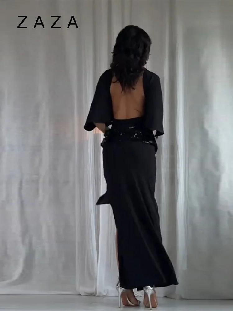 Zaza Elegant Party Long Dress For Women Shinny Waistband Maxi Robes Backless High Neck Vestidos 2025 New Lady Fashion Dresses