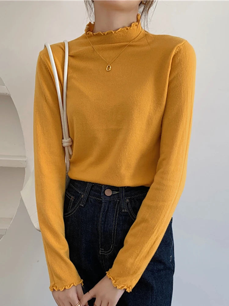 AOSSVIAO 2025 New Women Sweater Autumn Long Sleeve Pullover Basic Top Fashion Ruched Elastic Female Winter Solid Knitted Jumper