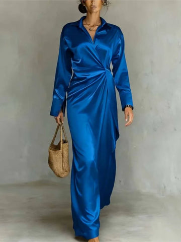 Spring Autumn New Style Satin Long-sleeved Shirt Women's Dress Fashion Waist Pleated Irregular Elegant Female Office Dress 2026