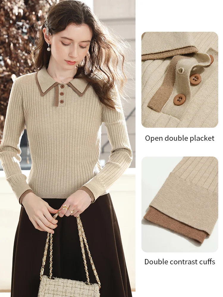 I BELIEVE YOU Wool Apricot Knitted Tops for Women 2025 Autumn Double Layered Lapel Tops Long Sleeved Knitted Sweater 2253146077