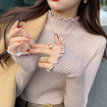 Fungus Edge Semi-turtleneck Women's Long-sleeved Sweater New Fashion Autumn and Winter Solid Color Thin Bottoming Shirt