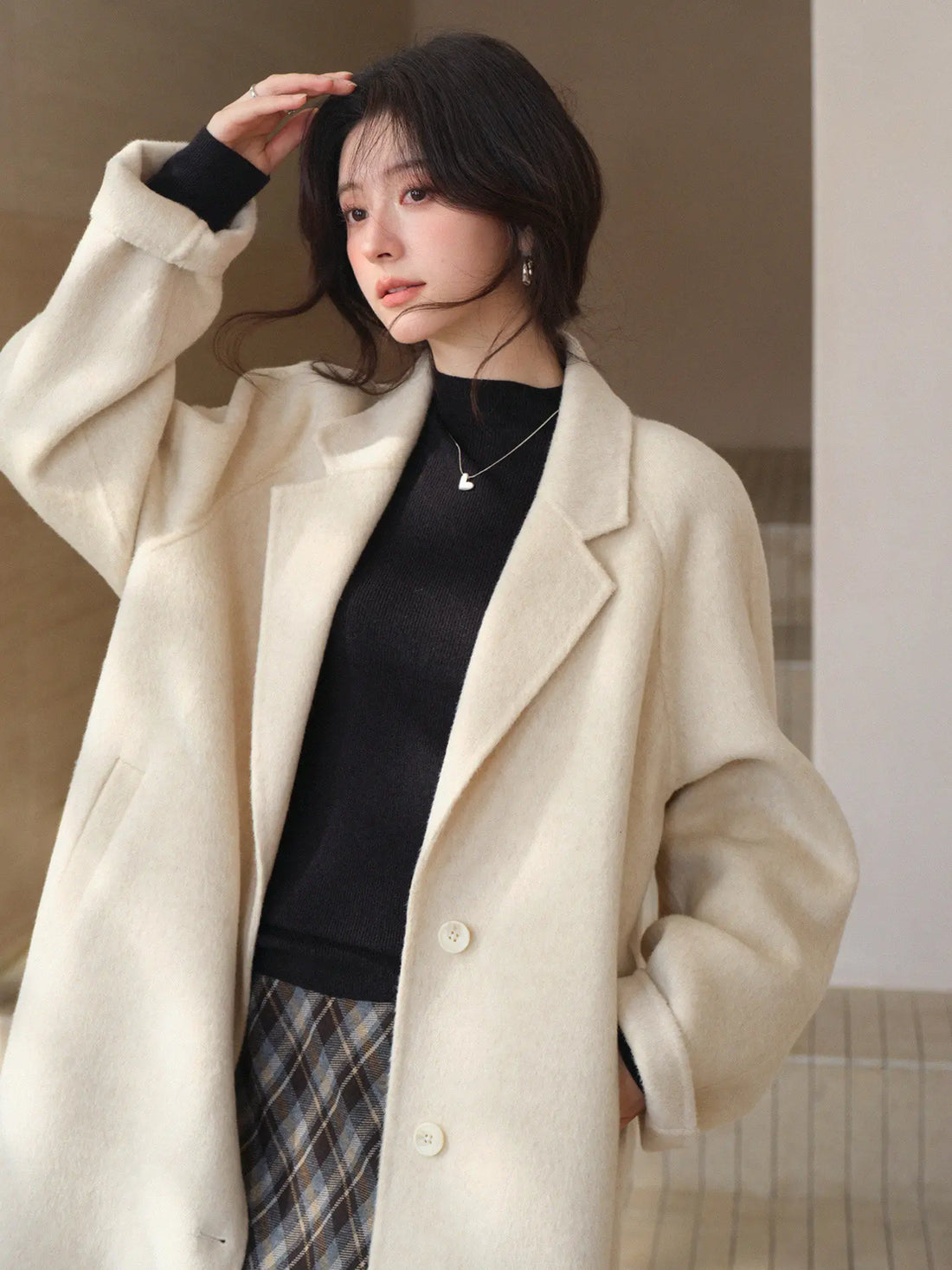 Elegant H-Line Wool Long Overcoat for Women Lady Loose Fit Notched Lapel Coat Chic Winter Office Casual Double Layer Outerwear