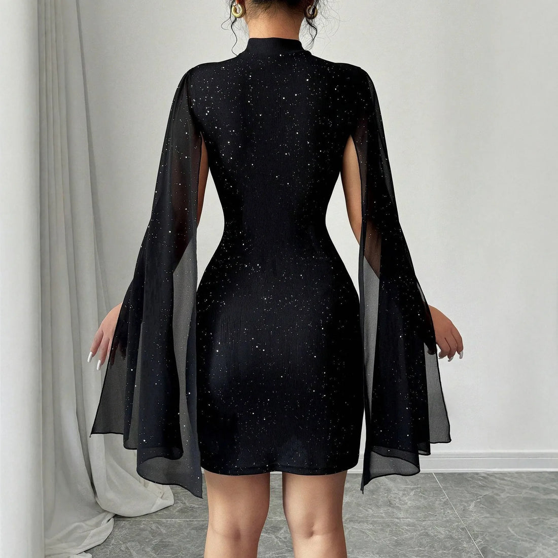 Women's Sparkly Black Evening Dress High Neck Cut Out Cape Sleeve Party Mini Dress