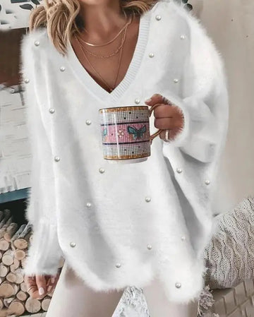 Korean Style Lazy Women's Sweater 2024 Autumn Ribbed Knitted Pullover V-Neck Pearl Long Sleeved Fluffy Top Women's Loose Sweater