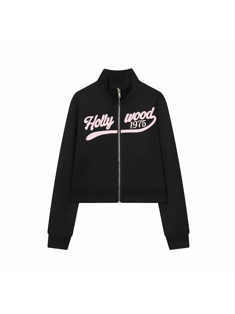 Women 2025 Autumn New Black Sports Pants Sets Embroidered Text Zip-up Sweatshirt Matching Flare Fleece Pants
