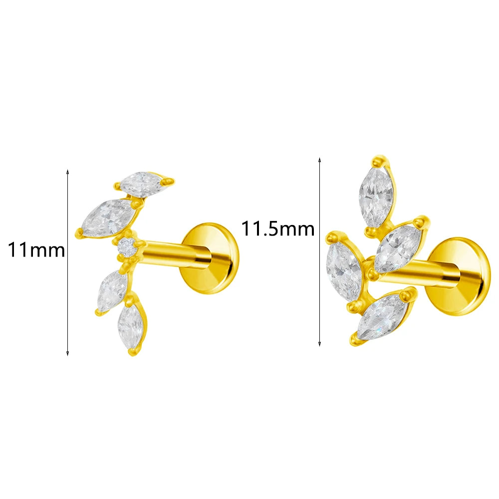 ASTM F136 G23 Titanium piercing Branch Earring Stud Moon Push In CZ Threadless Labret Piercing 16/18/20G Cartilage Body Jewelry