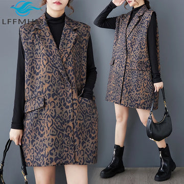 Leopard Printing Good Quality Vest for Women Spring Autumn Fashion Mid-long Business Casual Sleeveless Pocket Classic Waistcoats