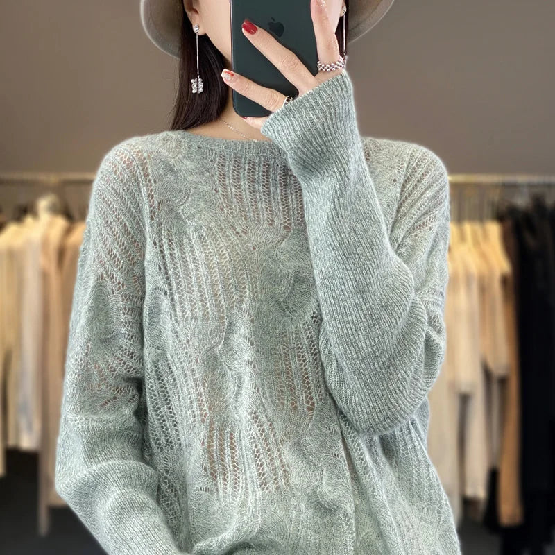 Women Spring Autumn 100% Merino Wool New Style Hollow-out Pullover Long Sleeve Sweater Fashionable Casual Unique and Light Knit