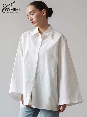 Oymimi Fashion White Cotton Women Shirts Elegant Turn-Down Collar Long Sleeve Shirts Casual Single Breasted Solid Blouses Female