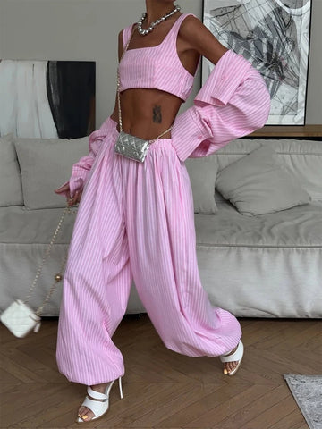Women Low-rise Lantern Pants 3-piece Set Casual Striped Sleeveless Vest Long Sleeve Lapel Shirt Sets 2026 Lady Street Outfits