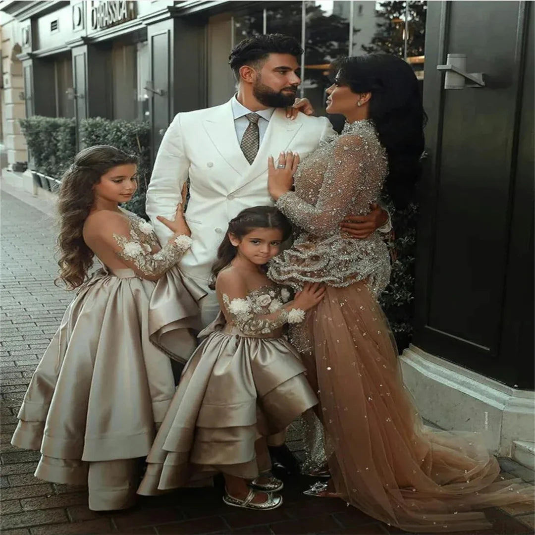 Flower Girls Dresses High Low With Long Sleeve Sweep Train Pageant Birthday Ball Gown Pageant Dresses For Girls