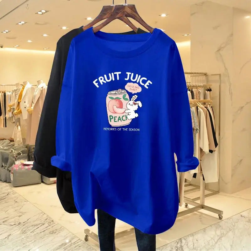 Women's Clothing All-match Loose Long Sleeve T-shirts Autumn Casual Chic Rabbit Printing Top Tee Office Lady Oversized Pullovers