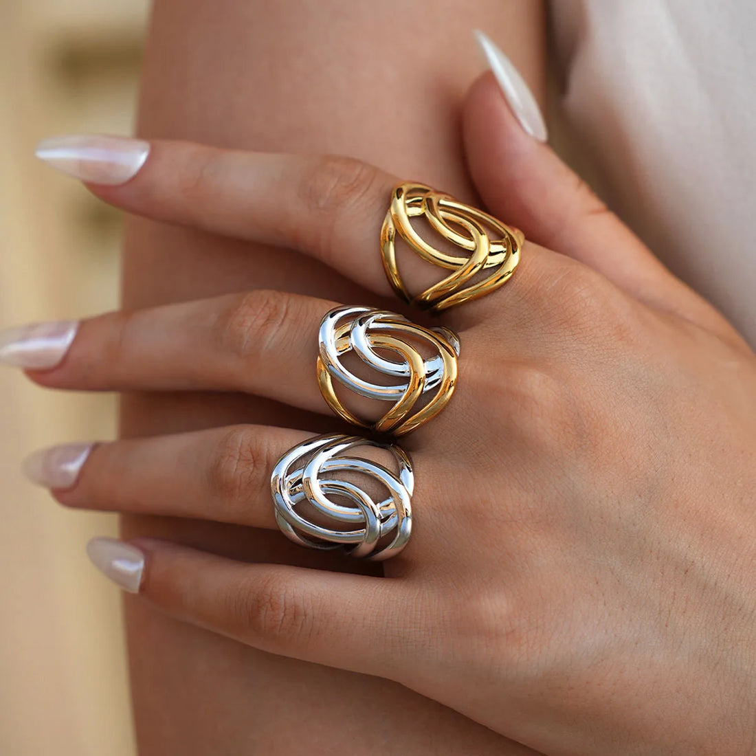Stainless Steel Geometric Hollow Layered Wide Ring Metal Texture Waterproof Daily Simple Stylish Golden Jewelry for Women