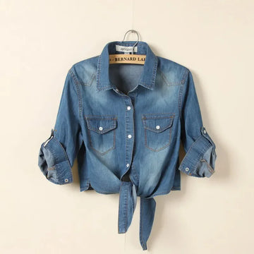 Summer New Lace-Up Tie Denim Shirt Middle Sleeve Women Chemise Femme Crop Tops Korean Fashion Short Jeans Blouse Female T1314