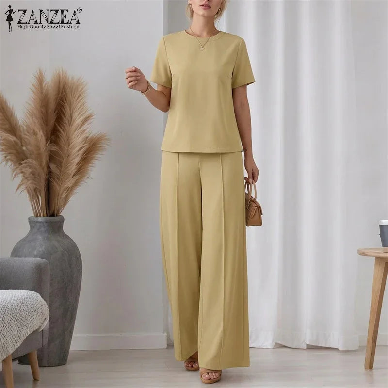 ZANZEA Summer Elegant Short Sleeve Blouse Pant Sets Office Women 2 Pieces Set Wide Leg Trousers Suit Fashion 2PCS Work OL Outfit