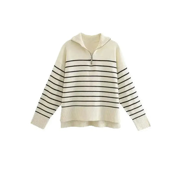 Women Fashion Loose Striped Asymmetry Knitted Sweaters Vintage Long Sleeve Zip-up Female Pullovers Chic Tops