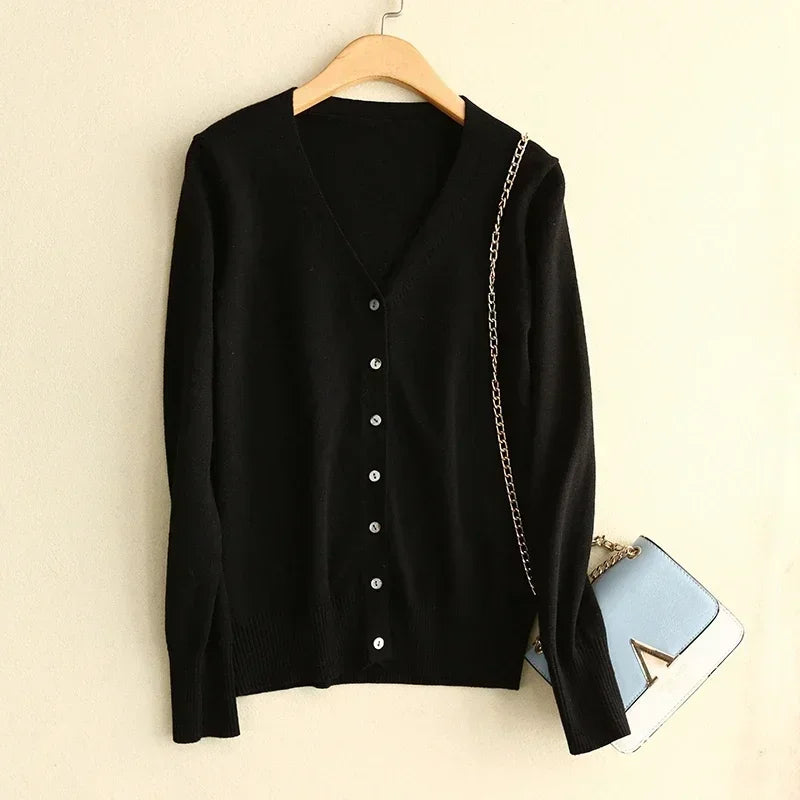 Knitted Sweater Women Cardigans New Long Sleeve V-Neck White Knit Sweater Cardigan Women Tops Knitwears Sueters De Mujer Q1204