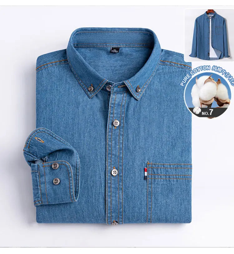 100% cotton denim young and middle-aged men's long-sleeved shirt autumn and winter casual no-iron solid color high quality