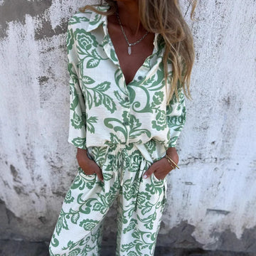 Printed Women's Two Piece Sets Vintage Turndown Collar Long Sleeve Shirt Elastic High Waist Baggy Casual Pants