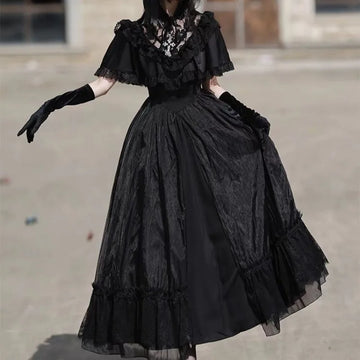 Y2k Lolita Vintage Dress For Women Black See Through Mesh Patchwork Dresses 2025 New Slim Waist Mid-length Vestidos Mujer