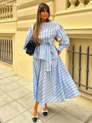 Clacive Fashion Loose Stripe Print 2 Piece Sets Women Outfit Elegant Long Sleeve Shirt With High Waist Ankle Length Skirt Set